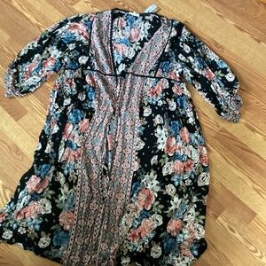 Romantic Gypsy Boho Floral Poet Sleeve Crochet Trim Gauzy Kimono  Size 1X